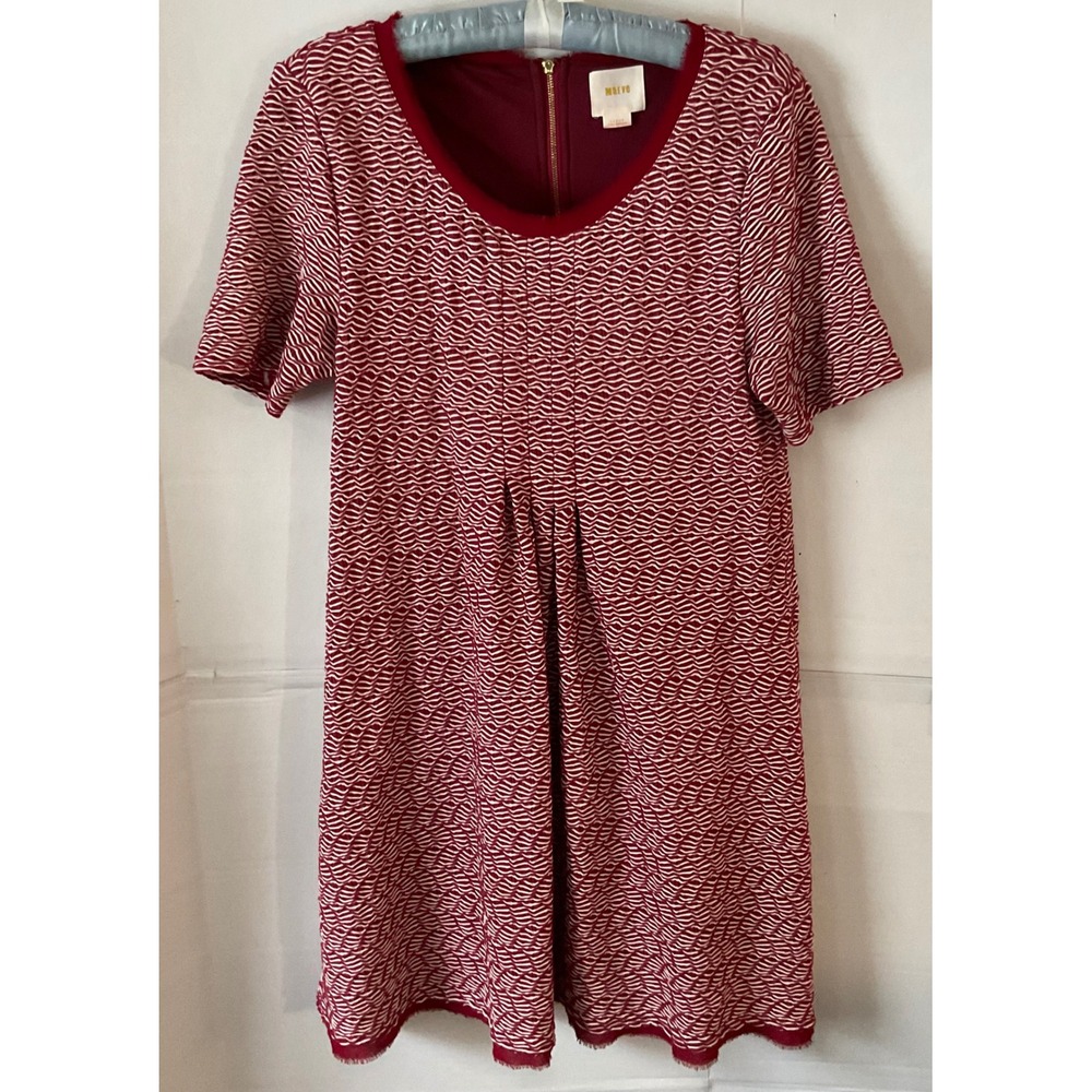 Maeve Anthropologie Burgundy White Wavy Textured Shift Dress Fringe Large - Picture 1 of 14